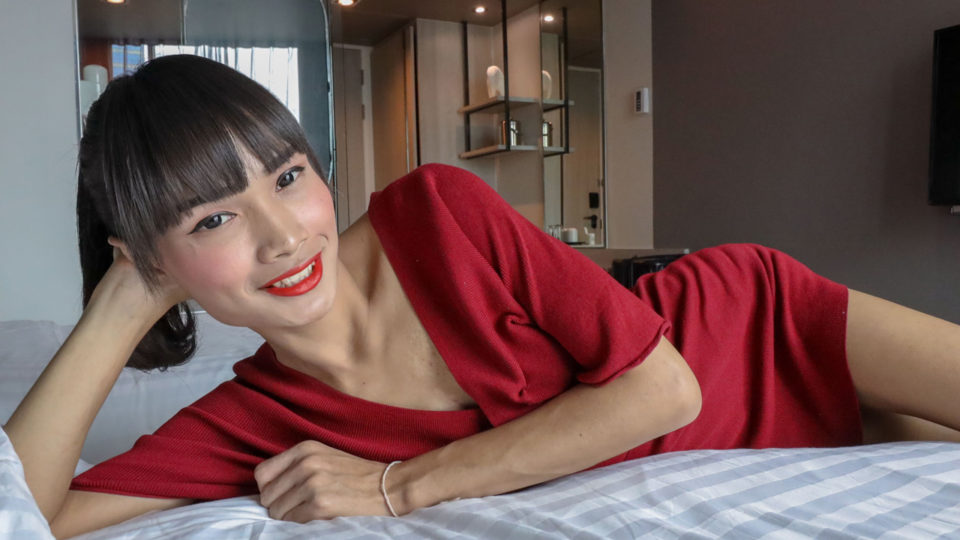 Amateur model poses in bed ready to become Ladyboy riding in her first hardcore scene